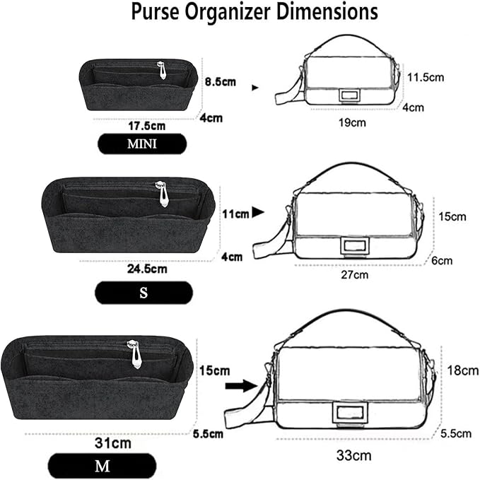 Chispee Purse Organizer Insert Felt With Zipper for Baguette Small Tote, Finishing Inner Bag, Handbags Organizer for Women, Storage Bladder (Medium, Dark Grey)