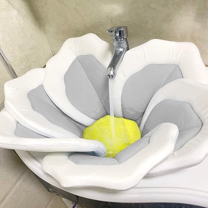 Baby Bath Pad for Infants & Newborns — Soft Petal Shape Bathtub & Sink Support Mat, Plush Washable Baby Bath Cushion, Safe & Comfortable Shower Essential Gift (31", Gray)