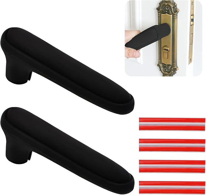 Door Handle Covers, 2Pcs Matte Black Silicone Door Handle Glove Covers Door Knob Covers Anti-Static Safety Door Knob Protector with Clear Anti-Collision Adhesive Strip