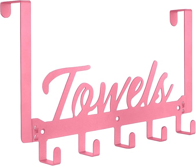 Azmoncy Over The Door Hooks, Towel Rack for Bathroom Towel Holder for Hanging Heavy Duty, Over Door Hanger with 5 Coat Hooks for Bedroom Bathroom Kitchen Towels, Pink