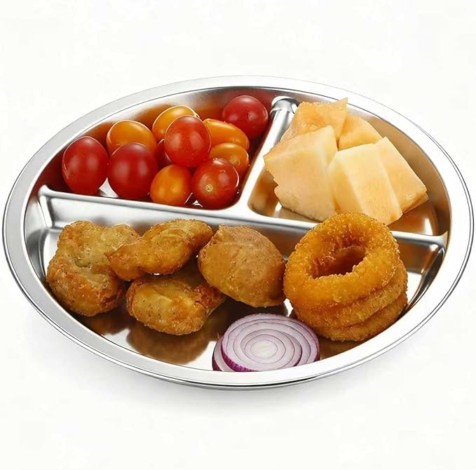 PandaEar 4 Pack Stainless Steel Divided Plates for Kids, 8.1” Portion Control Plates with 3 Compartments, Reusable Metal Dishes for Balanced Meals, Camping & Home Use (4, Silver)