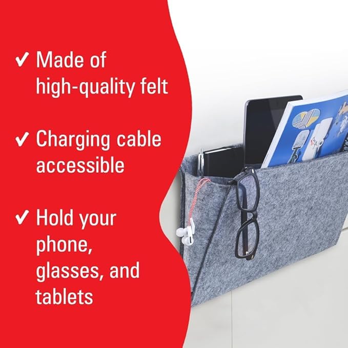 Kikkerland Large Grey Felt Pocket Caddy for Storage with Inner Pockets – Organization Essentials for Bed, Couch, Home – Holder for Magazines, Books, Phones, and Remote Controls