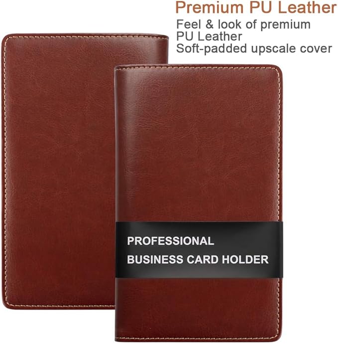 Sooez Leather Professional Business Card Book Holder Organizer, 240 Capacity Credit Card Booklet, PU Name Cards Holder Storage File for Men Women, Brown