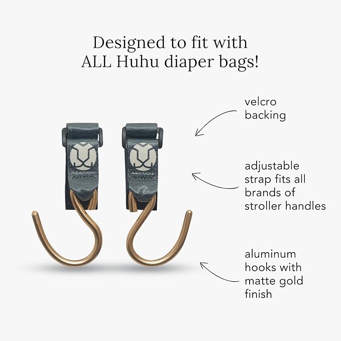 Huhu Essential Stroller Hooks - Lightweight Aluminum Stroller Bag Hook with Adjustable Straps, Matte Gold S-Hooks for Diaper Bag, Shopping, Everyday Essentials – Universal Fit Baby Stroller Accessory