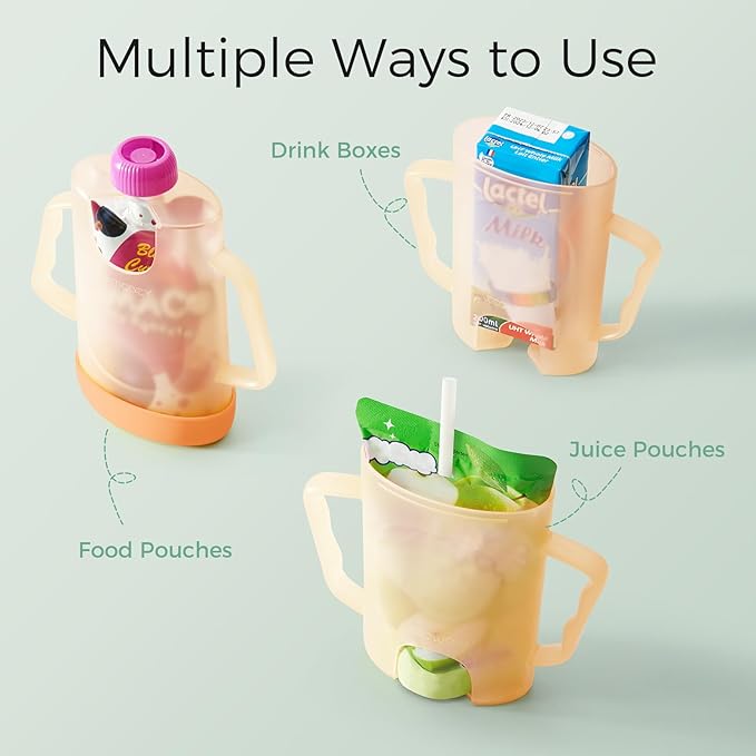 Momcozy Baby Pouch Holder No Squeeze for Food Pouches and Drink Boxes, Allows Baby to Self-feed and Avoid Messes, Baby Food Pouch Holder Handle is Easy to Grip, Comfortable, Green&Orange