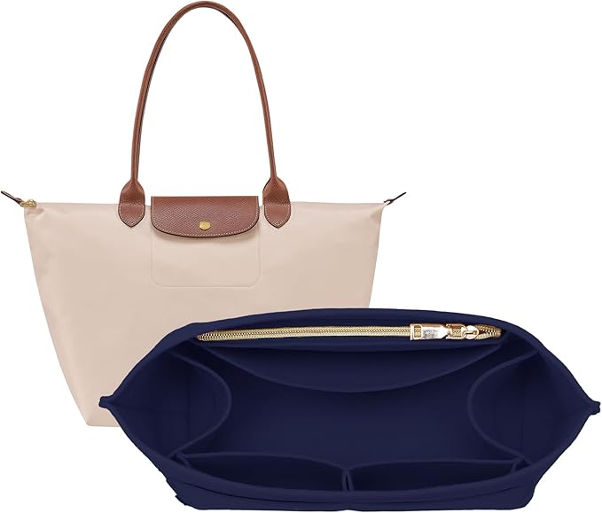 OPPOSHE Purse Organizer Insert for Longchamp Le Pliage, Premium Felt Long Champ Bag Handbag Women, Tote Organizer Insert with 9 Compartments (Medium, Navy)