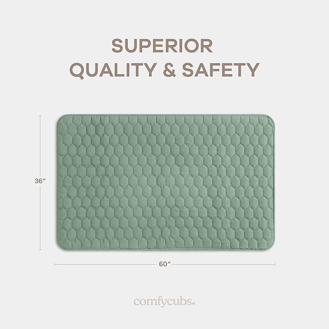 Comfy Cubs Rectangle Kids Play Mat - Small 36 x 60 inches Soft Quilted Baby Floor Mat with Non-Slip Bottom - Plush Design for Toddlers' Playtime - Comfortable and Durable - Fern
