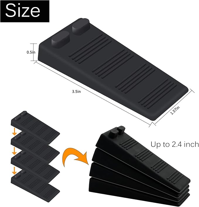 Door Stop Rubber Wedge Thin Door Stoppers for Bottom of Door Silica Gel Flexible Non Scratching Door Holder - Smart Stackable Slip-Resistant Design -Black