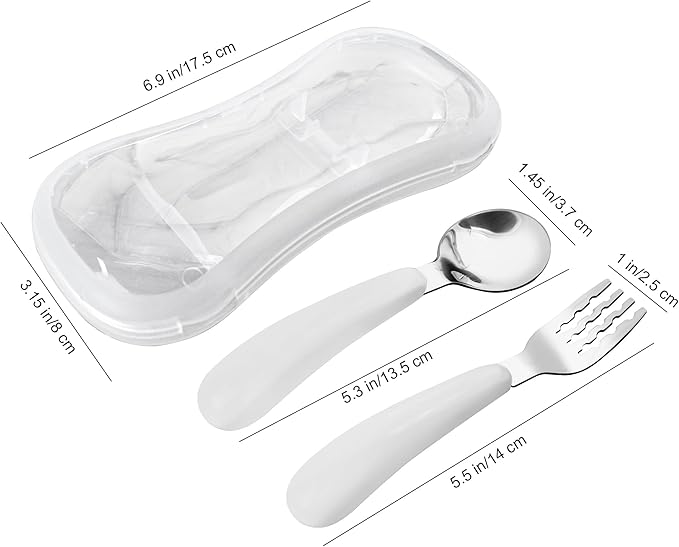 VANRA 2 Pieces Toddler Fork and Spoon Set with Travel Case 18/8 Stainless Steel Toddler Utensils Kids Silverware Children Flatware Child Cutlery Set for School Lunch Box (White)
