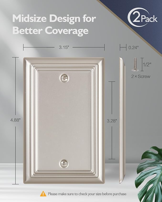 2-Pack Blank Wall Plate, Durable Metal No Device Outlet Cover, Satin Nickel, 3.15''*4.88'', Midsize