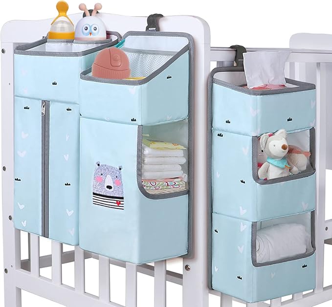 Hanging Diaper Caddy Organizer for Baby Crib - 3-in-1 Diaper Stacker for Changing Table Nursery Organization Storage Holder for Baby Essentials Attachment Portable Combining (Sky Blue)