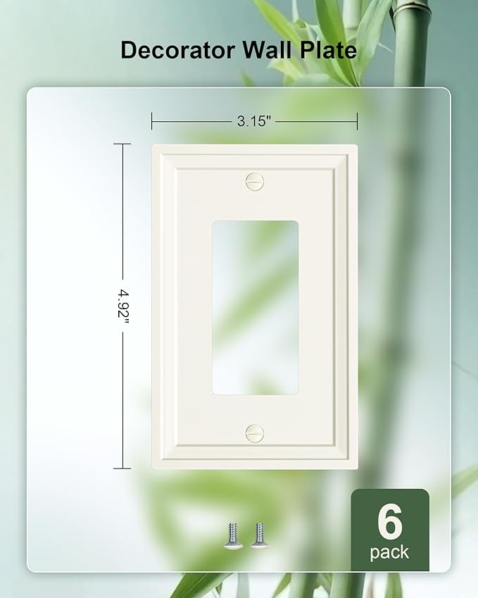 6-Pack Decorator Outlet Cover Plate, Light Almond Modern Decorative Switch Plates and Outlet Covers, Natural Bamboo Fiber Wall Plates for Electrical Outlets