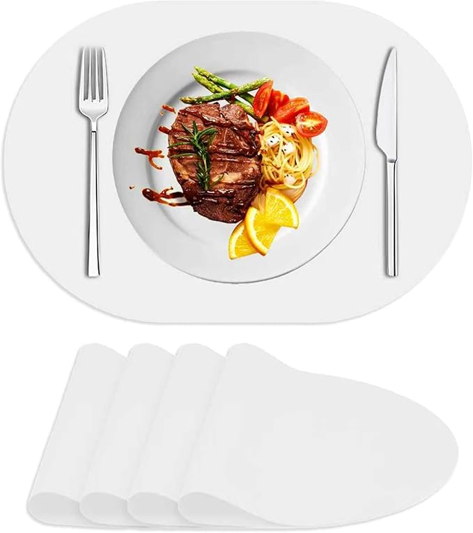 Oval Silicone Placemats Set of 4, Heat Resistant Non-Slip Waterproof Table Mats, Ultra-Thin Translucent Easy Clean Dining Mats for Home & Kids, 17"x12", White