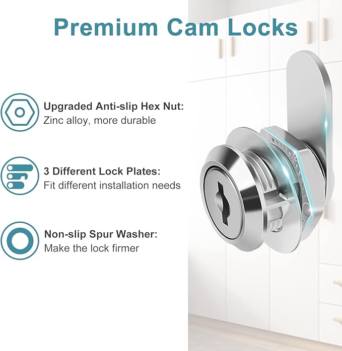 Cam Locks Cabinet Lock Keyed Alike, 5/8'' (Length) Cylinder Fits on 3/8'' Max Panel Thickness, 2pcs Secure File Drawer Mailbox RV Storage Replacement Set, Chrome-Finish Zinc Alloy
