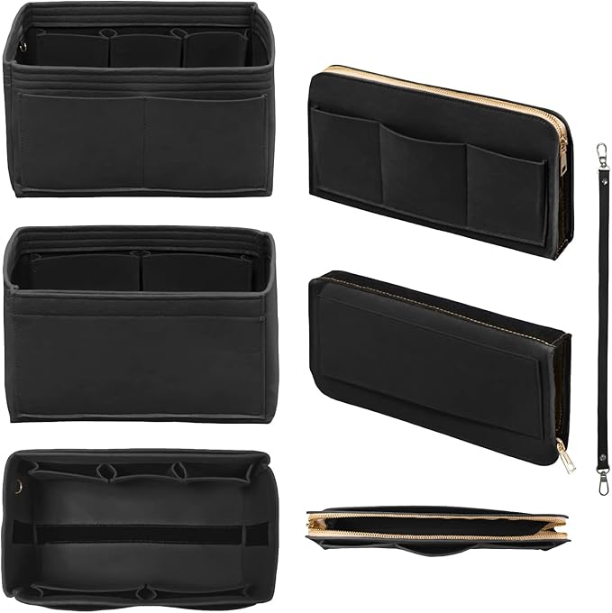 Purse Organizer Insert with Zipper Felt Bag Organizer for Tote Purse Black Large