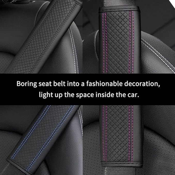 2PCS Car Seat Belt Cover Pad,Breathable Leather Seatbelt Covers for Shoulder Protection and Car Decorations,Seatbelt Cushion Adding Car Seat Strap Pads Car Accessories Interior (Black/Purple)