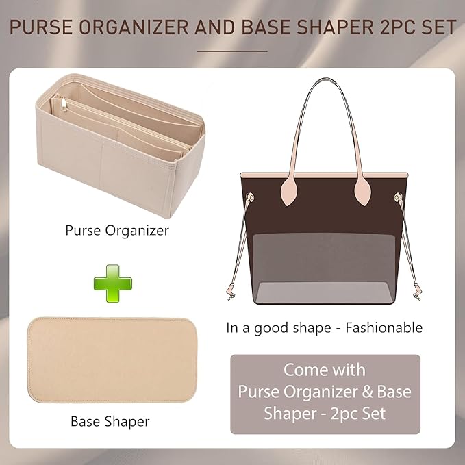 Doxo Purse Organizer Insert for Handbags & Base Shaper 2pc Set with Zipper, Felt Bag Organizer for Tote, Purse Organizer for LV Speedy 25, Neverfull PM, Le Pliage S Handbag and More(Beige-006)