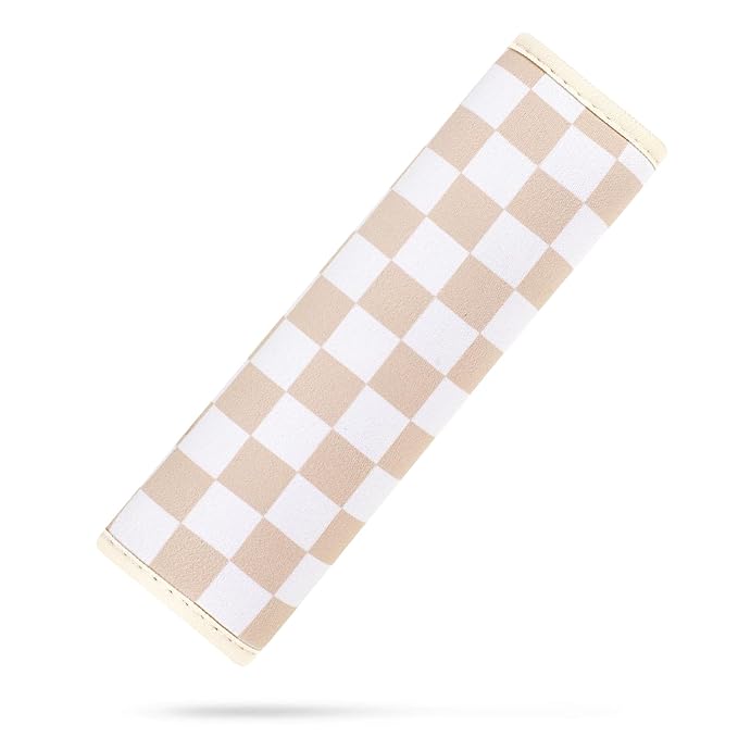 YR Seat Belt Cover for Kids, Soft Comfort Seat Belt Cushion for Children, Cute Cartoon Pattern Car Seat Belt Pads Cover for Girls and Boys, 1 Pack (Almondand Cream Checkered)