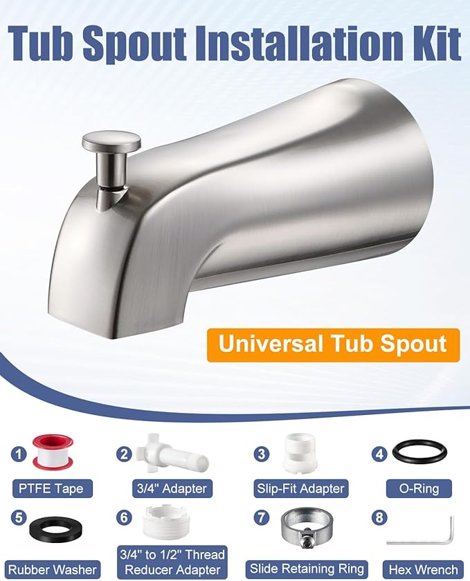 Universal Bathtub Tub Spout with Diverter, Fits 1/2" Slip-Fit Copper Pipe and 1/2" IPS & 3/4" IPS Thread Connections,Bathroom Tub Faucet Replacement with Adapters,PTFE Tape &Hex Wrench(Brushed Nickel)