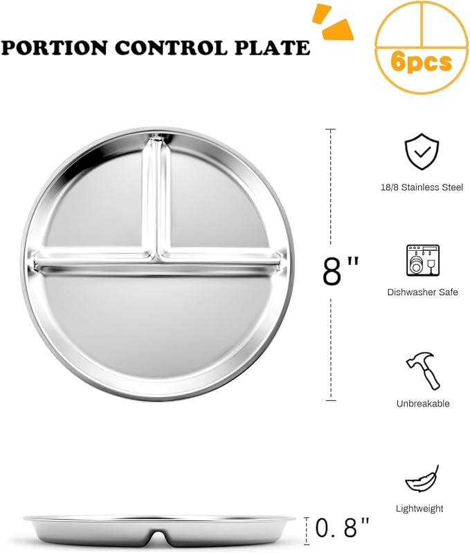 Bakpoco Stainless Steel Kids Plates 6 Packs, 8" Divided Toddlers Portion Control Plate, Non Toxic & BPA Free |Unbreakable |Dishwasher Safe Baby Snack Dish for Daycare, Restaurant Outings & Travel