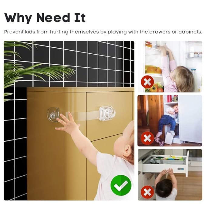 EUDEMON 3 Pack Child Safety Locks, Childproof Strap Locks for Drawers, Fridges, Toilets, Cupboards, Ovens, Cabinets, Multi Use Baby Cabinet Latches, Easy to Install, No Drilling (Transparent)