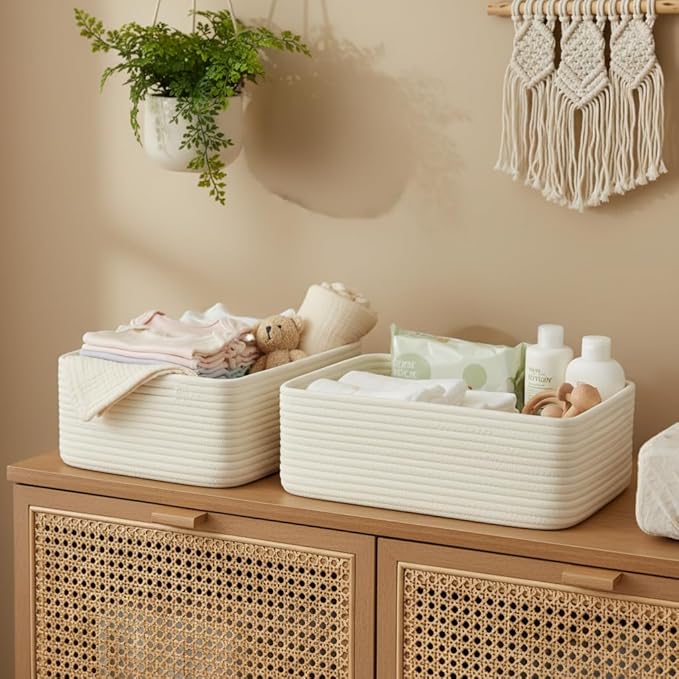 15"x11"x5.1" Storage Baskets for Shelves 2 Pack, White Basket for Organizing, Cloth Basket for Closet Organization, Shelves, Cotton Rope Basket for Storage, White