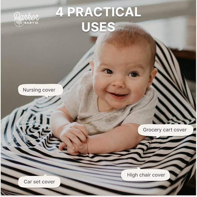 Parker Baby 4 in 1 Car Seat Cover for Girls and Boys - Stretchy Carseat Canopy, Nursing Cover, Grocery Cart Cover, High Chair Cover - Gray/White Stripes