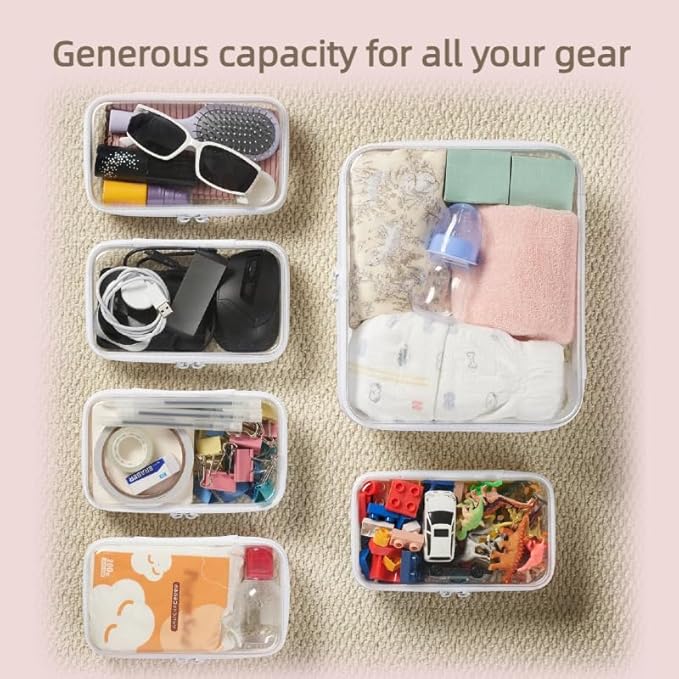 6 pcs Zipper Pouches, Hard Shell Toiletry Bag, Stackable Travel Organizer, Cosmetic Bags, Transparent Diaper Bag, Storage Cases (Tall M + 5S)