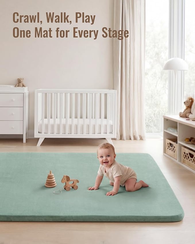 Blissful Diary 1.3" Thick Baby Play Mat, 71x59 Playpen Mat with Removable & Washable Cover, Ultra Soft Crawling Rug for Floor, Foam Cushion & Non-Slip Backing for Kid, Toddler and Infant, Sage Green