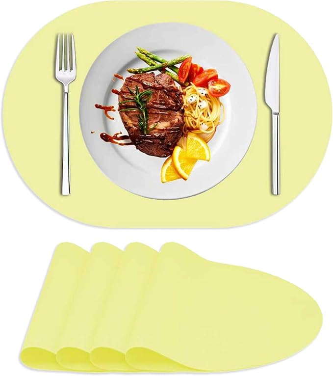 Oval Silicone Placemats Set of 4, Heat Resistant Non-Slip Waterproof Table Mats, Ultra-Thin Translucent Easy Clean Dining Mats for Home & Kids, 17"x12", Yellow