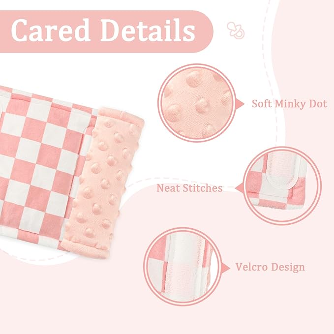 DILIMI Baby Car Seat Belt Covers, 2Pcs Carseat Shoulder Strap Pads, Soft Minky Car Seat Neck Covers, Newborn Car Seat Strap Protectors, Stroller Strap Covers for Baby Kids, Pink Checkered