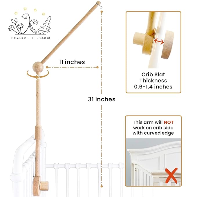 Baby Crib Mobile Arm Wooden Holder - Baby Mobile Hanger for Crib (31 inch, 100% Natural Beechwood) Strong Anti Slip - Nursery Decor & Gift Accessories (Original)