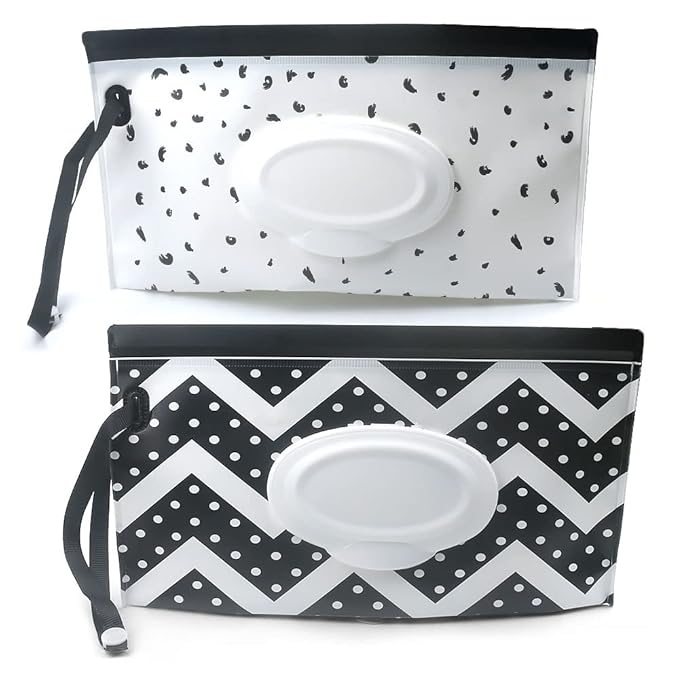 Baby Wipe Dispenser,Portable Refillable Wipe Holder Wipe Dispenser Bag Reusable Travel Wet Wipe Pouch (Black & White)