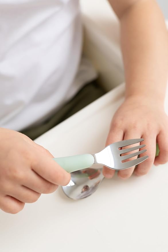 Ubbi Toddler Stainless Steel Fork & Spoon Set, 4-Pack – Silicone Easy-Grip Handles, Kids Self-Feeding Utensils, Baby-Led Weaning Essentials, Dishwasher Safe, Smoothie Purple & Sugar Snap Green