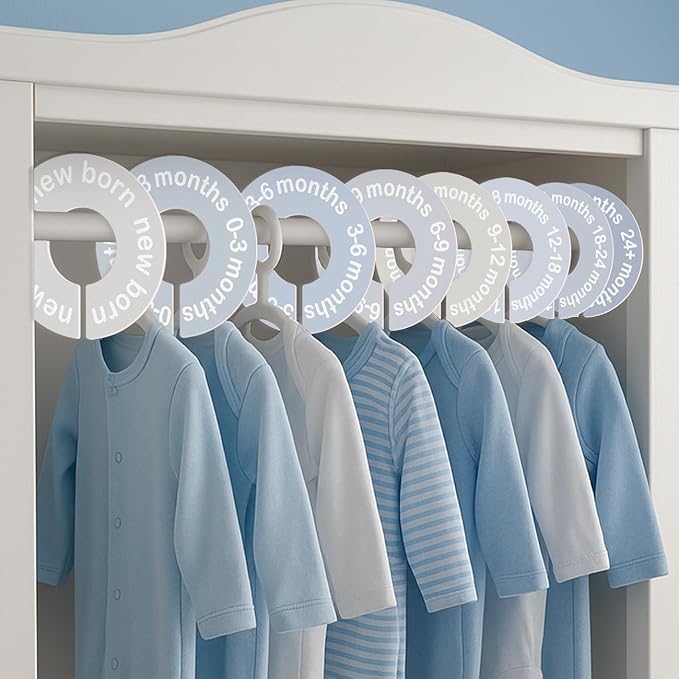 Baby Closet Dividers for Clothes 0-24 Months, 8 Pack mini Round Size Markers, Double-Sided, Fits Most Rods, Blue Nursery Clothing Organizer & Wardrobe Decor