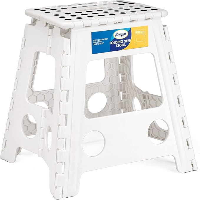 Korpai 16" Folding Step Stool for Adults and Kids Holds Up to 300 lbs,Non-Slip Folding Stools with Portable Handle, Compact Plastic Foldable Step Stool for Bathroom,Bedroom, Kitchen, White,1PC