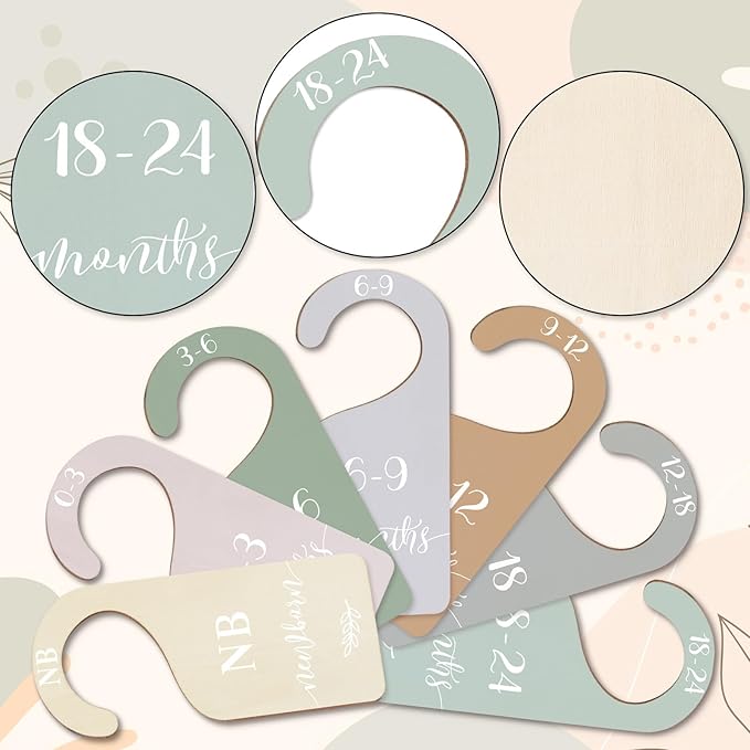 Whaline 7Pcs Terrazzo Wood Baby Closet Size Dividers with White Velvet Bag Newborn to 24 Month Thicken Infant Wardrobe Hanger Organizers for Home Nursery Party Supplies