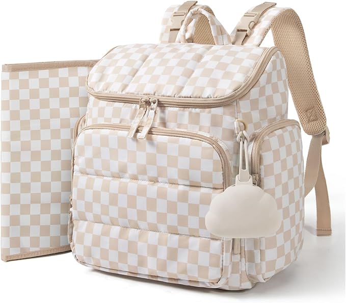 mommore Diaper Bag Backpack, Baby Bag with Waterproof Changing Pad and Stroller Straps for Toddler, Diaper Backpack for Mom Dads with Insulated Pockets & Pacifier Case, Baby Essential, Checkered Khaki