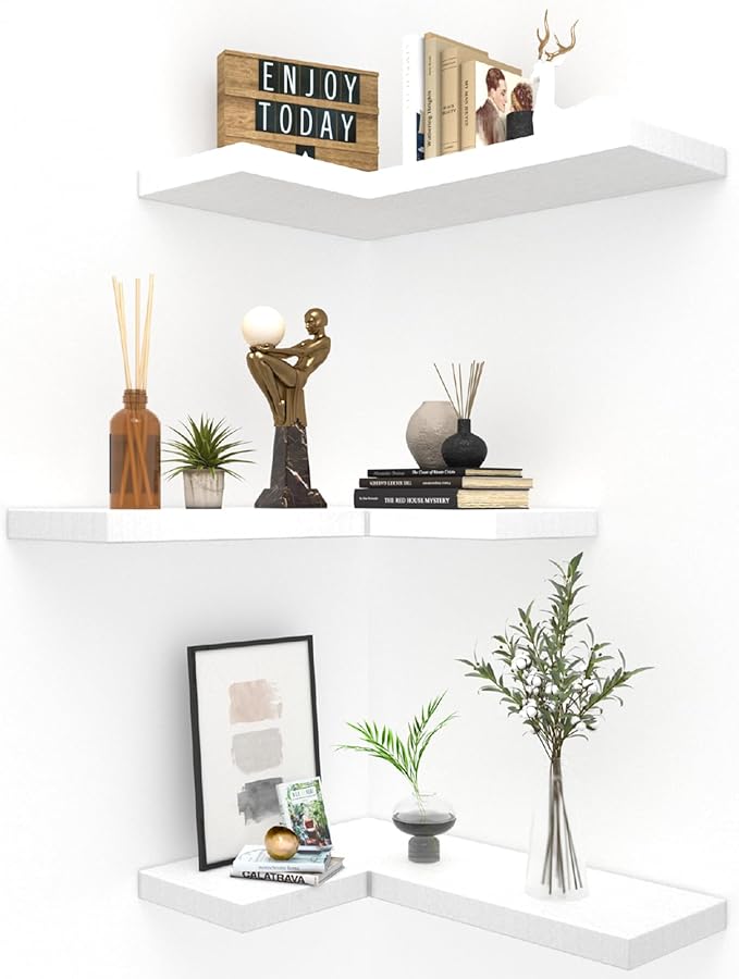 NATURE'S SOURCE Floating Corner Shelves with Invisible Brackets Set of 3, Corner Shelves Wall Mounted, for Home Bedroom Bathroom Kitchen Living Room Office- 16.6" x 11.5" (Pure White)