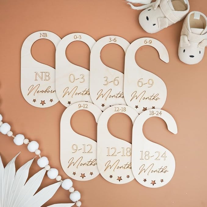 Baby Closet Dividers, Set of 7 Baby Clothes Organizer, Wooden Baby Closet Organizer for Nursery, Size Newborn to Toddler, Baby Clothes Dividers for Closet Hanging on Standard Rod