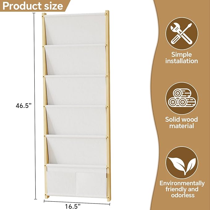 Wood 6-Tier Wall Mounted Kids Bookshelf – Floating Book Shelf For Kids Rooms,Nursery & Classroom, Hanging Bookcase Organizer For Books, Toddler Book Shelf, Montessori Bookshelf, Nursery Shelves