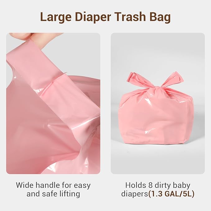 Odor Sealing Diaper Disposable Bags with Tie Handle, 160 count | Large Capacity, Unscented & Durable Diaper Trash Bags for Home & Baby Travel Use (Color:Pink)