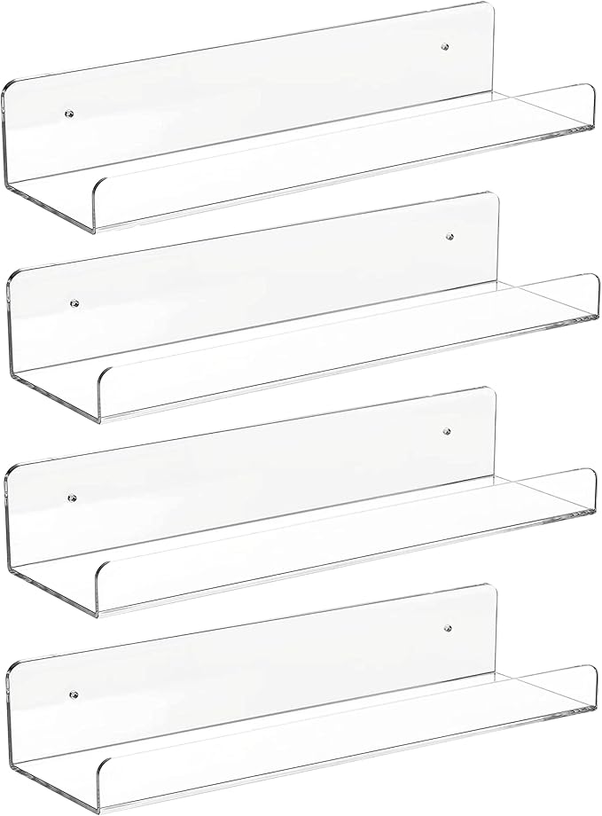 CY craft 4 PCS Clear Acrylic Floating Wall Ledge Shelf 15 Inch Wall Mounted Nursery Kids Bookshelf, Invisible Hanging Shelves for Wall Storage,Toy Picture Ledge Display Shelf Bathroom Storage Shelves