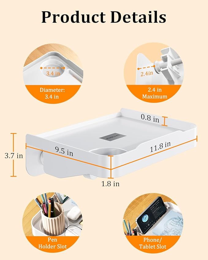 Blissfuhue Bedside Caddy for Dorm Bed - Clip On Nightstand with Cup Holder, Floating Bed Side Table Tray Storage,College Dorm Room and Kids Room Essentials,Blending Decor and Storage （White）