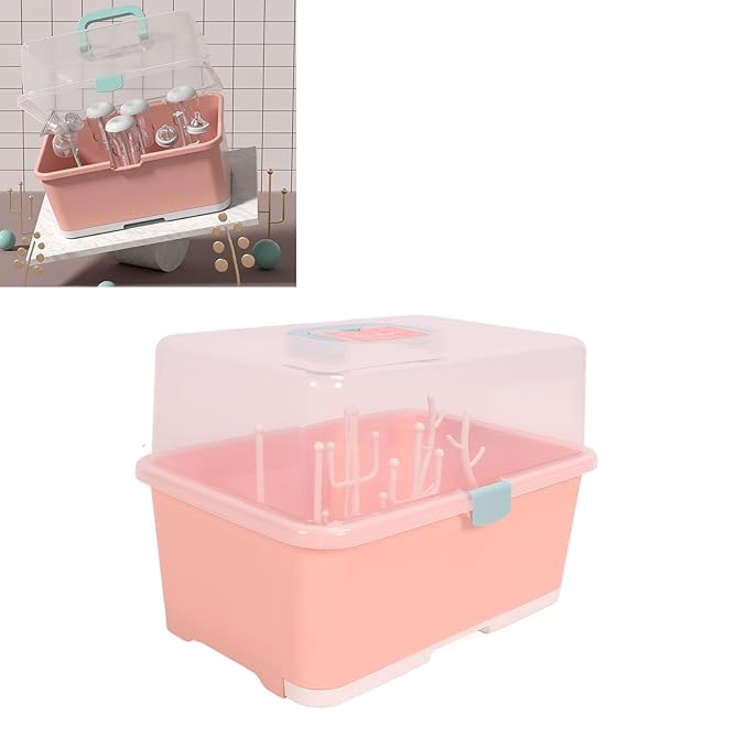 Baby Bottle Drying Storage Box, Removable PP Cover Portable Keep Dry Dust Proof 360° Seal Design Baby Bottle Drying Rack Container for Home for Baby (Implicit Pink)