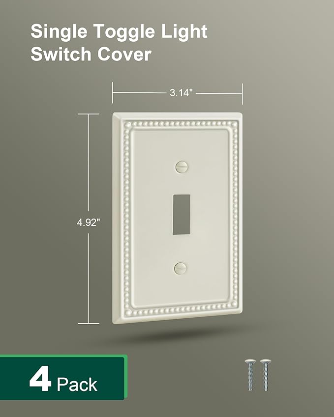 4-Pack Single Toggle Light Switch Cover Plate, Pearls Decorative Switch Plate Covers, Light Almond 1 Gang Metal Wall Plate, Corrosion Resistant