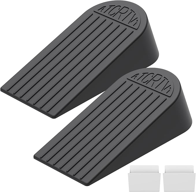 Rubber Extra Large Door Stoppers - 2 Pack Black 1.9 Inches Big Door Stopper Wedge for Bottom of Doorstops,Door Stop for Heavy Duty Doors for Commercial & Home with Self Adhesive Holder