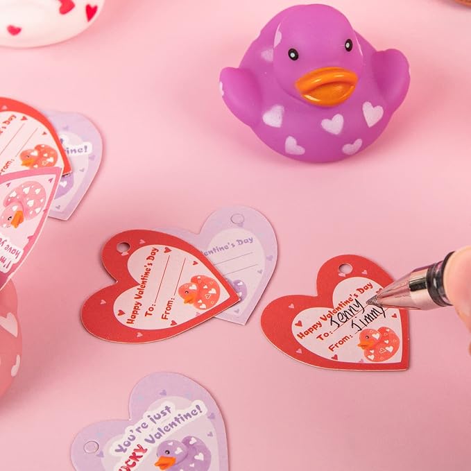 28 Packs Valentines Day Gift Cards with Cute Mini Rubber Duck 2.4x2.4 Bath Toys for School Classroom Valentine’s Exchange Greeting Cards