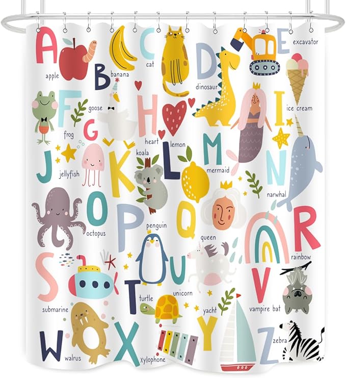 Alphabet Shower Curtain Kids ABC Educational Learning Tool Baby Cartoon Animals Girls Boys Colorful Bathroom Decor Waterproof Fabric 72Lx60W Inch with Hooks