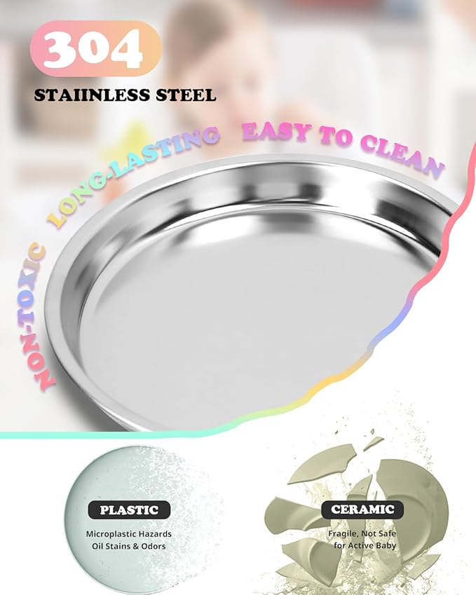 Bakpoco Stainless Steel Kids Plates 4 Packs, 8" Non Divided Toddlers Portion Control Plate, Non Toxic & BPA Free |Unbreakable |Dishwasher Safe Baby Snack Dish for Daycare, Restaurant Outings & Travel